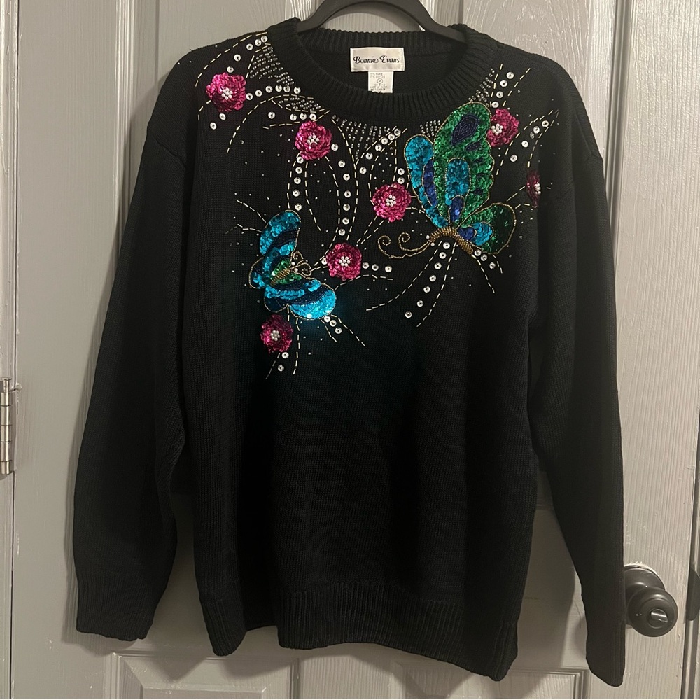Black Sequined Sweater with Blue Green Butterfly Debut